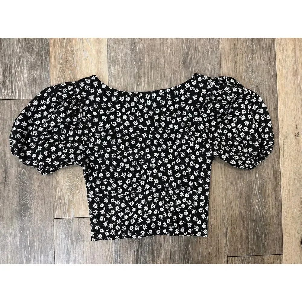 Free People Black White Floral Puff Sleeve Crop Top Womens Small Cottagecore
